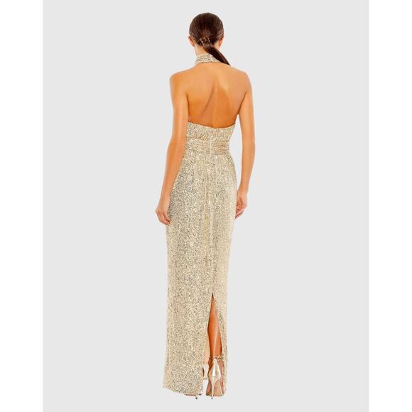 NWT Mac Duggal Sz 14 Sequined Halter Neck Belted Soft Tie Gown Champagne - Picture 2 of 7